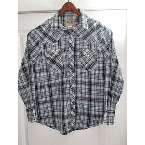 Wrangler Western Shirt Pearl Snap Mens Large Plaid Green White Long Sleeve